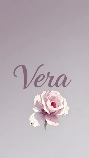 Vera diseño 5 - Nombre en elegante tipografía cursiva caligráfica en tono lavanda, sobre fondo acuarela de cielo nublado en tonos pastel (azul, blanco, lavanda), decorado con rosa en acuarela de pétalos rosa pálido, blanco crema y lilas suaves con hojas en gris-verde.