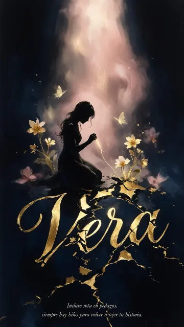 Vera diseño 6 - Composición de ilustración semirrealista cinematográfica con silueta femenina tejiendo un hilo dorado de luz sobre un suelo oscuro fracturado al estilo Kintsugi, donde el nombre resalta en un prominente guión caligráfico dorado que emerge de las grietas, rodeado de flores blancas, mariposas y un fondo degradado de azules profundos iluminado por una luz celestial en tonos melocotón y crema, con una frase de aliento en tipografía blanca en la parte inferior.