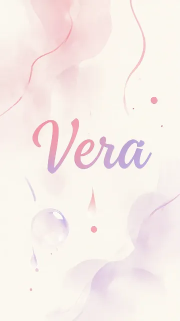 Vera diseño 7 - Diseño abstracto en acuarela sobre fondo crema, con manchas fluidas y etéreas en rosa pastel y lila, líneas curvas que aportan movimiento, pequeñas gotas salpicadas cayendo verticalmente y una burbuja translúcida en la parte superior izquierda. El nombre resalta al centro con una tipografía cursiva amplia y elegante en degradado rosa a morado.