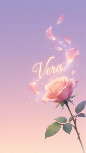 Vera diseño 8 - Fondo de Pantalla con degradado suave que transiciona de lila en la parte superior a melocotón y rosa pastel en la base, destacando una rosa rosada hiperrealista con tallo y hojas verdes. El nombre brilla en tipografía cursiva con efecto neón cálido, adornado con pétalos cayendo y chispas de luz mágica.