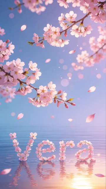 Vera diseño 9 - Composición serena y onírica con ramas de cerezo en flor (sakura) en la parte superior contra un cielo en degradado de azul suave y lila. Pétalos de color rosa pastel flotan delicadamente en el aire cayendo hacia una superficie de agua tranquila y cristalina. En el centro inferior, el nombre está formado por pétalos de flores con un sutil efecto de relieve 3D y tipografía floral, reflejándose sobre el agua que está iluminada por un cálido destello dorado de luz solar en la esquina inferior derecha.