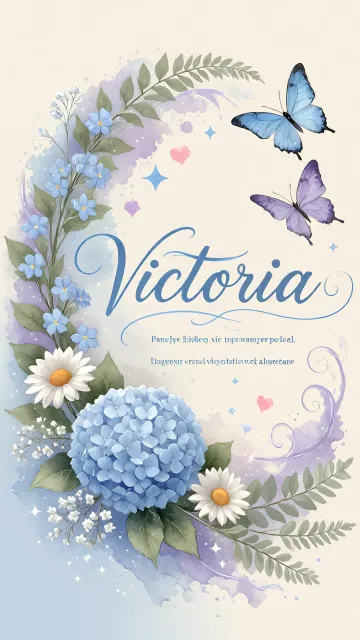 Victoria diseño 1 - Hortensias azules, flores pequeñas y acuarela suave con mariposas azules y brillo etéreo