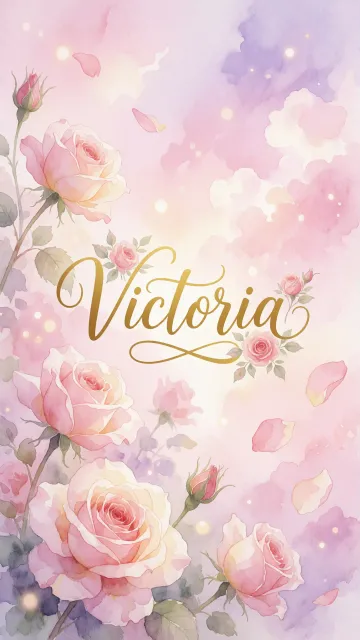 Victoria diseño 10 - Diseño estilo acuarela con un fondo etéreo y texturizado en nubes de tonos rosa pastel y lila suave. Presenta composiciones de rosas abiertas y capullos en los bordes inferior y superior, con pétalos cayendo delicadamente. Incorpora destellos de luz cálida (efecto bokeh) y, en el centro, resalta una tipografía elegante, cursiva y fluida en color dorado.