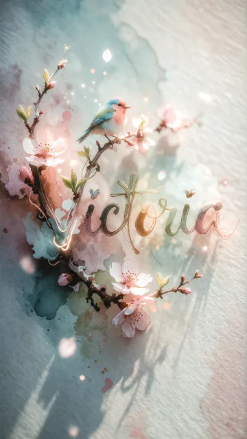 Victoria diseño 11 - Un delicado diseño de estilo acuarela digital que combina una tipografía de caligrafía personalizada para el nombre en tonos dorados y rosados suaves, adornada con pequeñas hojas y brotes. Un pajarito azul y naranja vibrante está posado en una de las letras. Todo está rodeado por un marco circular de ramas de cerezo en flor con delicadas flores rosadas y blancas. El fondo es un lavado de acuarela difuminado en tonos pastel suaves de azul cerceta, rosa rubor y melocotón sobre una textura de papel rugoso, con destellos luminosos y motas de luz bokeh flotando alrededor, creando una atmósfera mágica y soñadora. Las sombras suaves proyectadas añaden profundidad.