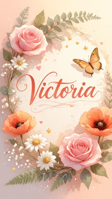 Victoria diseño 3 - Elegante composición de rosas rosadas y amapolas naranjas con mariposas doradas brillantes sobre un fondo cálido, romántico y mágico.