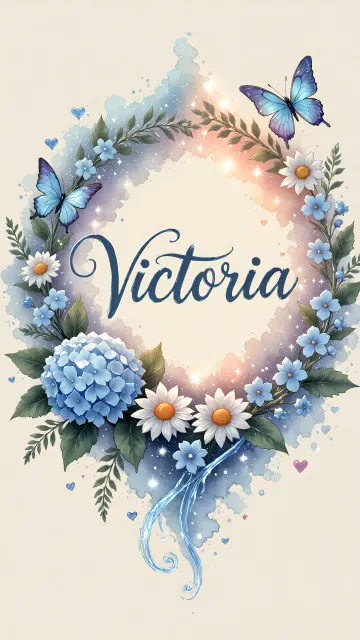 Victoria diseño 4 - Composición magica con nombre en letra cursiva azul, rodeado de hortensias azules, margaritas blancas y delicadas flores silvestres, enmarcado por suaves remolinos de agua, mariposas azules y destellos estelares sobre un fondo etéreo y romántico.