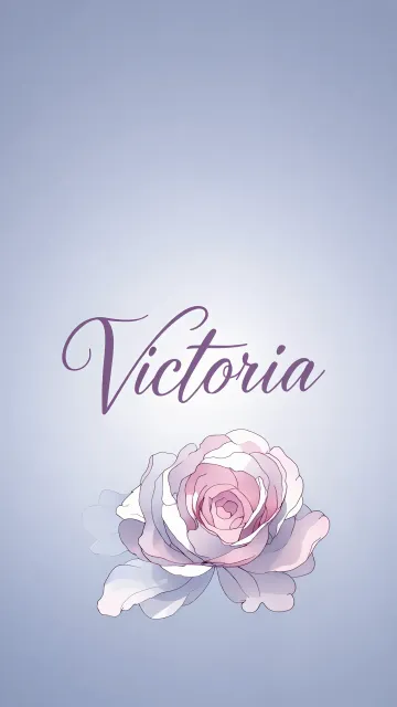 Victoria diseño 5 - Nombre en elegante tipografía cursiva caligráfica en tono lavanda, sobre fondo acuarela de cielo nublado en tonos pastel (azul, blanco, lavanda), decorado con rosa en acuarela de pétalos rosa pálido, blanco crema y lilas suaves con hojas en gris-verde.