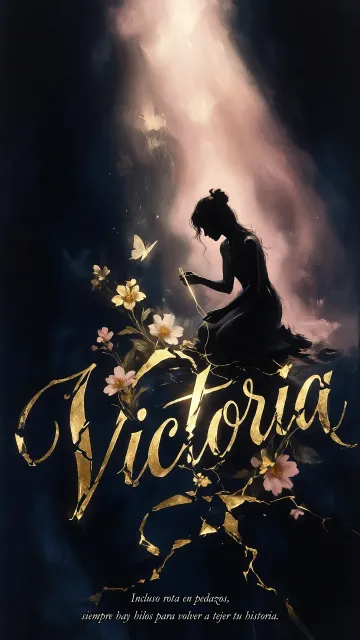 Victoria diseño 6 - Composición de ilustración semirrealista cinematográfica con silueta femenina tejiendo un hilo dorado de luz sobre un suelo oscuro fracturado al estilo Kintsugi, donde el nombre resalta en un prominente guión caligráfico dorado que emerge de las grietas, rodeado de flores blancas, mariposas y un fondo degradado de azules profundos iluminado por una luz celestial en tonos melocotón y crema, con una frase de aliento en tipografía blanca en la parte inferior.