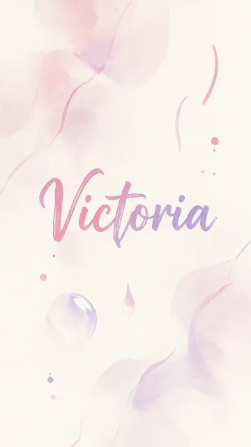Victoria diseño 7 - Diseño abstracto en acuarela sobre fondo crema, con manchas fluidas y etéreas en rosa pastel y lila, líneas curvas que aportan movimiento, pequeñas gotas salpicadas cayendo verticalmente y una burbuja translúcida en la parte superior izquierda. El nombre resalta al centro con una tipografía cursiva amplia y elegante en degradado rosa a morado.