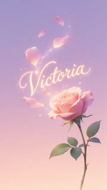 Victoria diseño 8 - Fondo de Pantalla con degradado suave que transiciona de lila en la parte superior a melocotón y rosa pastel en la base, destacando una rosa rosada hiperrealista con tallo y hojas verdes. El nombre brilla en tipografía cursiva con efecto neón cálido, adornado con pétalos cayendo y chispas de luz mágica.