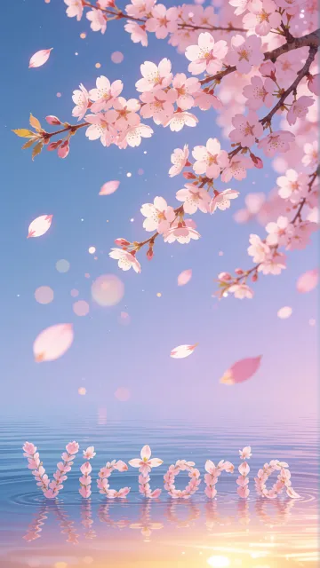 Victoria diseño 9 - Composición serena y onírica con ramas de cerezo en flor (sakura) en la parte superior contra un cielo en degradado de azul suave y lila. Pétalos de color rosa pastel flotan delicadamente en el aire cayendo hacia una superficie de agua tranquila y cristalina. En el centro inferior, el nombre está formado por pétalos de flores con un sutil efecto de relieve 3D y tipografía floral, reflejándose sobre el agua que está iluminada por un cálido destello dorado de luz solar en la esquina inferior derecha.
