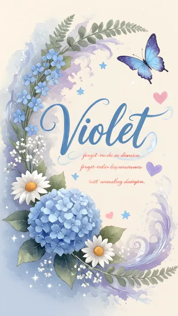 Violet diseño 1 - Hortensias azules, flores pequeñas y acuarela suave con mariposas azules y brillo etéreo