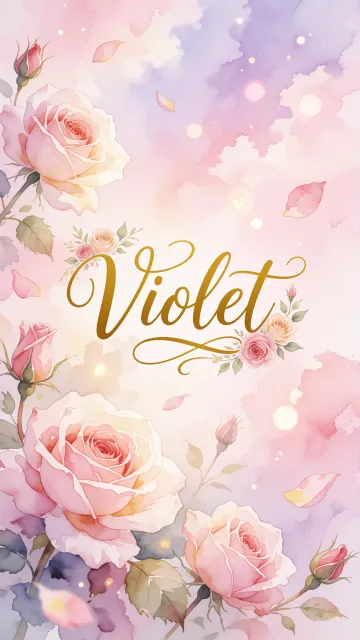 Violet diseño 10 - Diseño estilo acuarela con un fondo etéreo y texturizado en nubes de tonos rosa pastel y lila suave. Presenta composiciones de rosas abiertas y capullos en los bordes inferior y superior, con pétalos cayendo delicadamente. Incorpora destellos de luz cálida (efecto bokeh) y, en el centro, resalta una tipografía elegante, cursiva y fluida en color dorado.