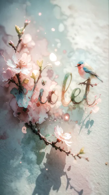 Violet diseño 11 - Un delicado diseño de estilo acuarela digital que combina una tipografía de caligrafía personalizada para el nombre en tonos dorados y rosados suaves, adornada con pequeñas hojas y brotes. Un pajarito azul y naranja vibrante está posado en una de las letras. Todo está rodeado por un marco circular de ramas de cerezo en flor con delicadas flores rosadas y blancas. El fondo es un lavado de acuarela difuminado en tonos pastel suaves de azul cerceta, rosa rubor y melocotón sobre una textura de papel rugoso, con destellos luminosos y motas de luz bokeh flotando alrededor, creando una atmósfera mágica y soñadora. Las sombras suaves proyectadas añaden profundidad.