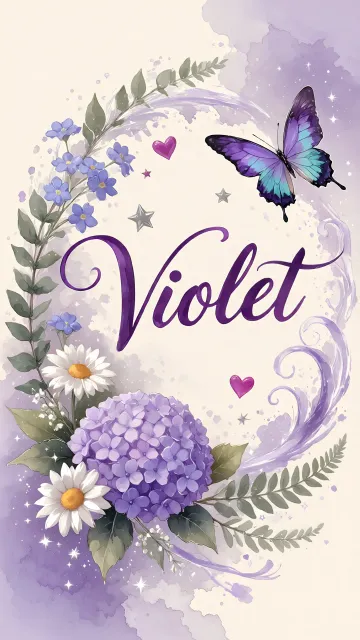 Violet diseño 2 - Diseño elegante de hortensias en tonos lila y morados suaves, con volutas estilizadas y una mariposa mística que aporta un toque etéreo y mágico.