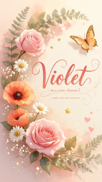 Violet diseño 3 - Elegante composición de rosas rosadas y amapolas naranjas con mariposas doradas brillantes sobre un fondo cálido, romántico y mágico.