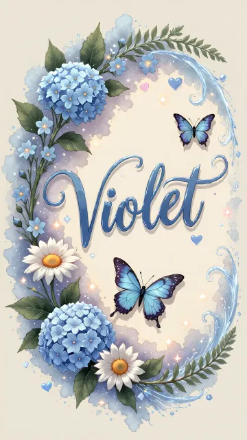Violet diseño 4 - Composición magica con nombre en letra cursiva azul, rodeado de hortensias azules, margaritas blancas y delicadas flores silvestres, enmarcado por suaves remolinos de agua, mariposas azules y destellos estelares sobre un fondo etéreo y romántico.