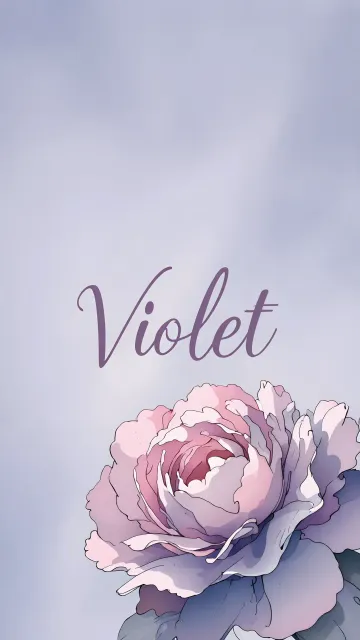 Violet diseño 5 - Nombre en elegante tipografía cursiva caligráfica en tono lavanda, sobre fondo acuarela de cielo nublado en tonos pastel (azul, blanco, lavanda), decorado con rosa en acuarela de pétalos rosa pálido, blanco crema y lilas suaves con hojas en gris-verde.
