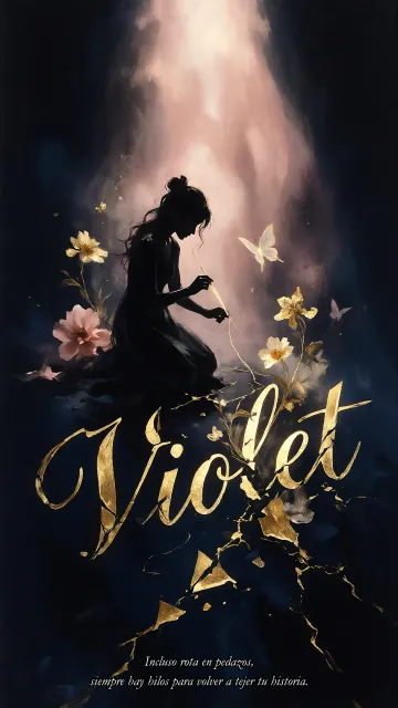 Violet diseño 6 - Composición de ilustración semirrealista cinematográfica con silueta femenina tejiendo un hilo dorado de luz sobre un suelo oscuro fracturado al estilo Kintsugi, donde el nombre resalta en un prominente guión caligráfico dorado que emerge de las grietas, rodeado de flores blancas, mariposas y un fondo degradado de azules profundos iluminado por una luz celestial en tonos melocotón y crema, con una frase de aliento en tipografía blanca en la parte inferior.