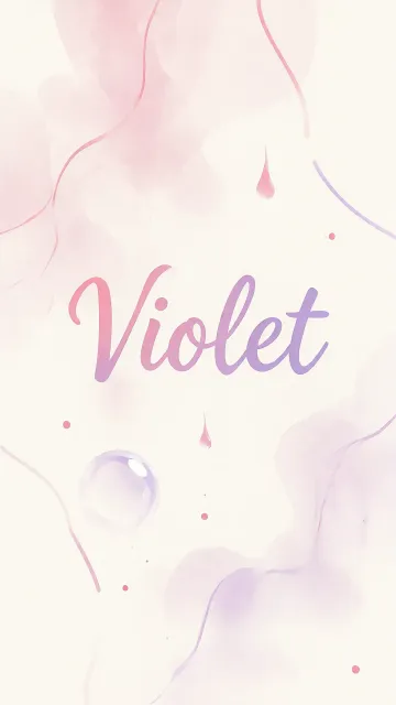 Violet diseño 7 - Diseño abstracto en acuarela sobre fondo crema, con manchas fluidas y etéreas en rosa pastel y lila, líneas curvas que aportan movimiento, pequeñas gotas salpicadas cayendo verticalmente y una burbuja translúcida en la parte superior izquierda. El nombre resalta al centro con una tipografía cursiva amplia y elegante en degradado rosa a morado.