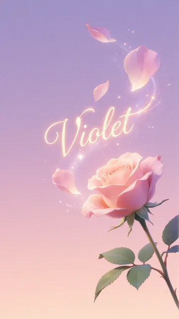 Violet diseño 8 - Fondo de Pantalla con degradado suave que transiciona de lila en la parte superior a melocotón y rosa pastel en la base, destacando una rosa rosada hiperrealista con tallo y hojas verdes. El nombre brilla en tipografía cursiva con efecto neón cálido, adornado con pétalos cayendo y chispas de luz mágica.