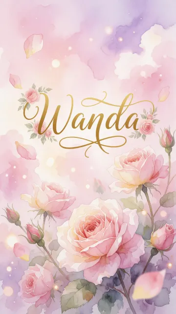 Wanda diseño 10 - Diseño estilo acuarela con un fondo etéreo y texturizado en nubes de tonos rosa pastel y lila suave. Presenta composiciones de rosas abiertas y capullos en los bordes inferior y superior, con pétalos cayendo delicadamente. Incorpora destellos de luz cálida (efecto bokeh) y, en el centro, resalta una tipografía elegante, cursiva y fluida en color dorado.