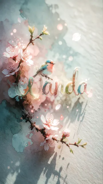 Wanda diseño 11 - Un delicado diseño de estilo acuarela digital que combina una tipografía de caligrafía personalizada para el nombre en tonos dorados y rosados suaves, adornada con pequeñas hojas y brotes. Un pajarito azul y naranja vibrante está posado en una de las letras. Todo está rodeado por un marco circular de ramas de cerezo en flor con delicadas flores rosadas y blancas. El fondo es un lavado de acuarela difuminado en tonos pastel suaves de azul cerceta, rosa rubor y melocotón sobre una textura de papel rugoso, con destellos luminosos y motas de luz bokeh flotando alrededor, creando una atmósfera mágica y soñadora. Las sombras suaves proyectadas añaden profundidad.