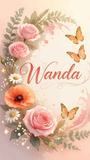 Wanda diseño 3 - Elegante composición de rosas rosadas y amapolas naranjas con mariposas doradas brillantes sobre un fondo cálido, romántico y mágico.