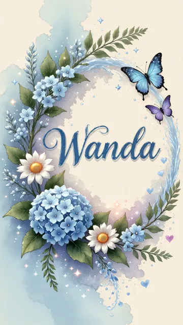 Wanda diseño 4 - Composición magica con nombre en letra cursiva azul, rodeado de hortensias azules, margaritas blancas y delicadas flores silvestres, enmarcado por suaves remolinos de agua, mariposas azules y destellos estelares sobre un fondo etéreo y romántico.