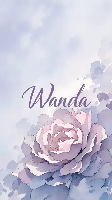 Wanda diseño 5 - Nombre en elegante tipografía cursiva caligráfica en tono lavanda, sobre fondo acuarela de cielo nublado en tonos pastel (azul, blanco, lavanda), decorado con rosa en acuarela de pétalos rosa pálido, blanco crema y lilas suaves con hojas en gris-verde.