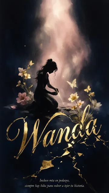 Wanda diseño 6 - Composición de ilustración semirrealista cinematográfica con silueta femenina tejiendo un hilo dorado de luz sobre un suelo oscuro fracturado al estilo Kintsugi, donde el nombre resalta en un prominente guión caligráfico dorado que emerge de las grietas, rodeado de flores blancas, mariposas y un fondo degradado de azules profundos iluminado por una luz celestial en tonos melocotón y crema, con una frase de aliento en tipografía blanca en la parte inferior.
