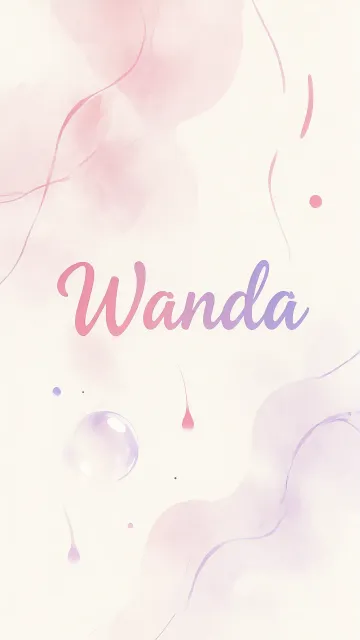 Wanda diseño 7 - Diseño abstracto en acuarela sobre fondo crema, con manchas fluidas y etéreas en rosa pastel y lila, líneas curvas que aportan movimiento, pequeñas gotas salpicadas cayendo verticalmente y una burbuja translúcida en la parte superior izquierda. El nombre resalta al centro con una tipografía cursiva amplia y elegante en degradado rosa a morado.