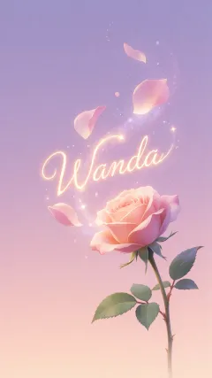 Wanda - Fondo de Pantalla con degradado suave que transiciona de lila en la parte superior a melocotón y rosa pastel en la base, destacando una rosa rosada hiperrealista con tallo y hojas verdes. El nombre brilla en tipografía cursiva con efecto neón cálido, adornado con pétalos cayendo y chispas de luz mágica.