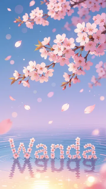 Wanda diseño 9 - Composición serena y onírica con ramas de cerezo en flor (sakura) en la parte superior contra un cielo en degradado de azul suave y lila. Pétalos de color rosa pastel flotan delicadamente en el aire cayendo hacia una superficie de agua tranquila y cristalina. En el centro inferior, el nombre está formado por pétalos de flores con un sutil efecto de relieve 3D y tipografía floral, reflejándose sobre el agua que está iluminada por un cálido destello dorado de luz solar en la esquina inferior derecha.