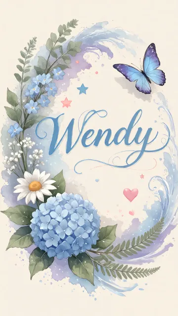 Wendy diseño 1 - Hortensias azules, flores pequeñas y acuarela suave con mariposas azules y brillo etéreo
