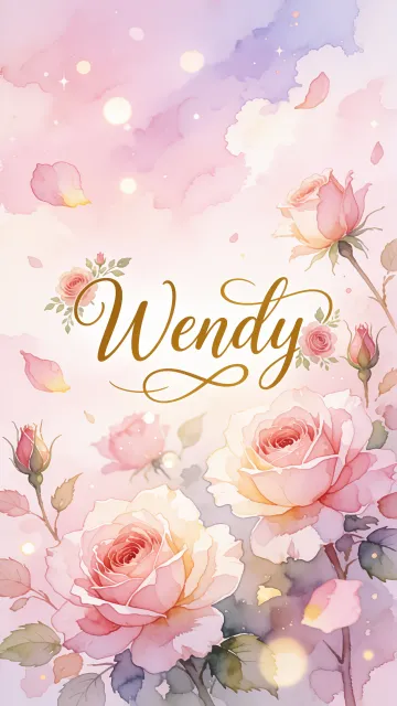 Wendy diseño 10 - Diseño estilo acuarela con un fondo etéreo y texturizado en nubes de tonos rosa pastel y lila suave. Presenta composiciones de rosas abiertas y capullos en los bordes inferior y superior, con pétalos cayendo delicadamente. Incorpora destellos de luz cálida (efecto bokeh) y, en el centro, resalta una tipografía elegante, cursiva y fluida en color dorado.
