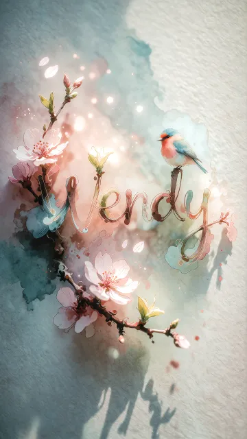 Wendy diseño 11 - Un delicado diseño de estilo acuarela digital que combina una tipografía de caligrafía personalizada para el nombre en tonos dorados y rosados suaves, adornada con pequeñas hojas y brotes. Un pajarito azul y naranja vibrante está posado en una de las letras. Todo está rodeado por un marco circular de ramas de cerezo en flor con delicadas flores rosadas y blancas. El fondo es un lavado de acuarela difuminado en tonos pastel suaves de azul cerceta, rosa rubor y melocotón sobre una textura de papel rugoso, con destellos luminosos y motas de luz bokeh flotando alrededor, creando una atmósfera mágica y soñadora. Las sombras suaves proyectadas añaden profundidad.