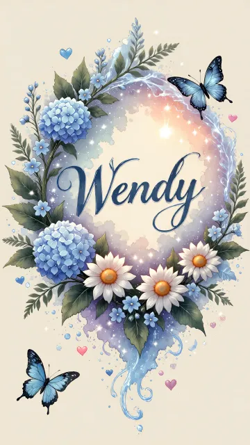 Wendy diseño 4 - Composición magica con nombre en letra cursiva azul, rodeado de hortensias azules, margaritas blancas y delicadas flores silvestres, enmarcado por suaves remolinos de agua, mariposas azules y destellos estelares sobre un fondo etéreo y romántico.
