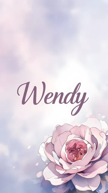 Wendy diseño 5 - Nombre en elegante tipografía cursiva caligráfica en tono lavanda, sobre fondo acuarela de cielo nublado en tonos pastel (azul, blanco, lavanda), decorado con rosa en acuarela de pétalos rosa pálido, blanco crema y lilas suaves con hojas en gris-verde.