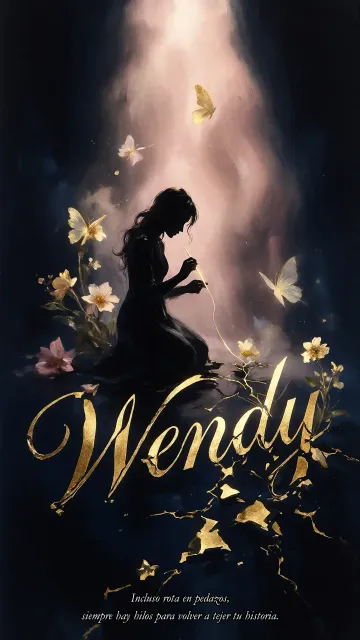 Wendy diseño 6 - Composición de ilustración semirrealista cinematográfica con silueta femenina tejiendo un hilo dorado de luz sobre un suelo oscuro fracturado al estilo Kintsugi, donde el nombre resalta en un prominente guión caligráfico dorado que emerge de las grietas, rodeado de flores blancas, mariposas y un fondo degradado de azules profundos iluminado por una luz celestial en tonos melocotón y crema, con una frase de aliento en tipografía blanca en la parte inferior.