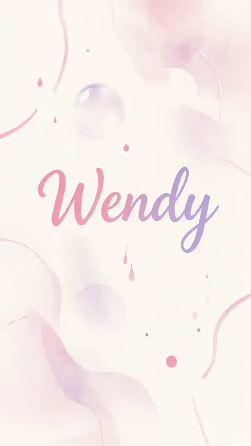 Wendy diseño 7 - Diseño abstracto en acuarela sobre fondo crema, con manchas fluidas y etéreas en rosa pastel y lila, líneas curvas que aportan movimiento, pequeñas gotas salpicadas cayendo verticalmente y una burbuja translúcida en la parte superior izquierda. El nombre resalta al centro con una tipografía cursiva amplia y elegante en degradado rosa a morado.