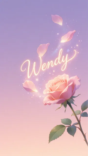 Wendy diseño 8 - Fondo de Pantalla con degradado suave que transiciona de lila en la parte superior a melocotón y rosa pastel en la base, destacando una rosa rosada hiperrealista con tallo y hojas verdes. El nombre brilla en tipografía cursiva con efecto neón cálido, adornado con pétalos cayendo y chispas de luz mágica.
