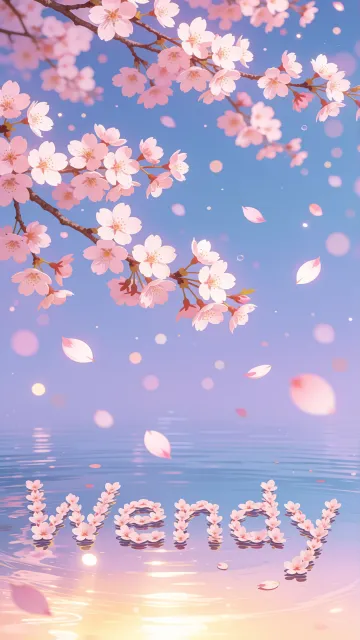 Wendy diseño 9 - Composición serena y onírica con ramas de cerezo en flor (sakura) en la parte superior contra un cielo en degradado de azul suave y lila. Pétalos de color rosa pastel flotan delicadamente en el aire cayendo hacia una superficie de agua tranquila y cristalina. En el centro inferior, el nombre está formado por pétalos de flores con un sutil efecto de relieve 3D y tipografía floral, reflejándose sobre el agua que está iluminada por un cálido destello dorado de luz solar en la esquina inferior derecha.