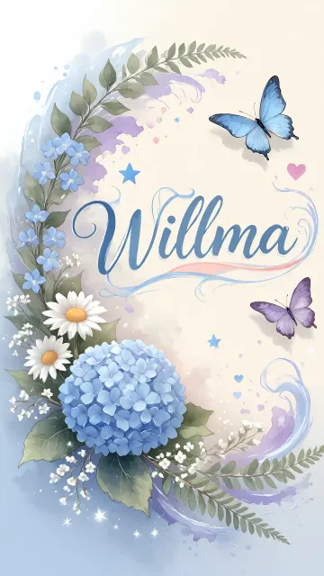 Wilma diseño 1 - Hortensias azules, flores pequeñas y acuarela suave con mariposas azules y brillo etéreo