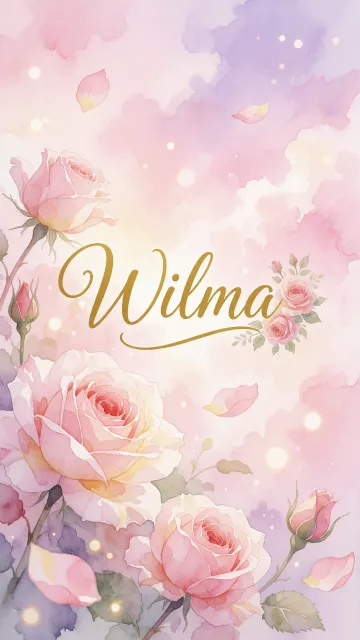 Wilma diseño 10 - Diseño estilo acuarela con un fondo etéreo y texturizado en nubes de tonos rosa pastel y lila suave. Presenta composiciones de rosas abiertas y capullos en los bordes inferior y superior, con pétalos cayendo delicadamente. Incorpora destellos de luz cálida (efecto bokeh) y, en el centro, resalta una tipografía elegante, cursiva y fluida en color dorado.