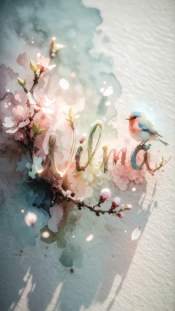 Wilma diseño 11 - Un delicado diseño de estilo acuarela digital que combina una tipografía de caligrafía personalizada para el nombre en tonos dorados y rosados suaves, adornada con pequeñas hojas y brotes. Un pajarito azul y naranja vibrante está posado en una de las letras. Todo está rodeado por un marco circular de ramas de cerezo en flor con delicadas flores rosadas y blancas. El fondo es un lavado de acuarela difuminado en tonos pastel suaves de azul cerceta, rosa rubor y melocotón sobre una textura de papel rugoso, con destellos luminosos y motas de luz bokeh flotando alrededor, creando una atmósfera mágica y soñadora. Las sombras suaves proyectadas añaden profundidad.