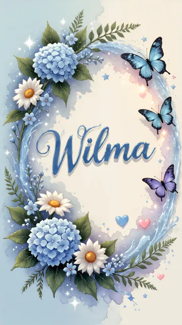 Wilma diseño 4 - Composición magica con nombre en letra cursiva azul, rodeado de hortensias azules, margaritas blancas y delicadas flores silvestres, enmarcado por suaves remolinos de agua, mariposas azules y destellos estelares sobre un fondo etéreo y romántico.