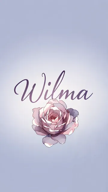Wilma diseño 5 - Nombre en elegante tipografía cursiva caligráfica en tono lavanda, sobre fondo acuarela de cielo nublado en tonos pastel (azul, blanco, lavanda), decorado con rosa en acuarela de pétalos rosa pálido, blanco crema y lilas suaves con hojas en gris-verde.