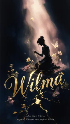 Wilma - Composición de ilustración semirrealista cinematográfica con silueta femenina tejiendo un hilo dorado de luz sobre un suelo oscuro fracturado al estilo Kintsugi, donde el nombre resalta en un prominente guión caligráfico dorado que emerge de las grietas, rodeado de flores blancas, mariposas y un fondo degradado de azules profundos iluminado por una luz celestial en tonos melocotón y crema, con una frase de aliento en tipografía blanca en la parte inferior.