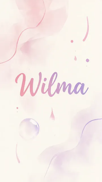 Wilma diseño 7 - Diseño abstracto en acuarela sobre fondo crema, con manchas fluidas y etéreas en rosa pastel y lila, líneas curvas que aportan movimiento, pequeñas gotas salpicadas cayendo verticalmente y una burbuja translúcida en la parte superior izquierda. El nombre resalta al centro con una tipografía cursiva amplia y elegante en degradado rosa a morado.